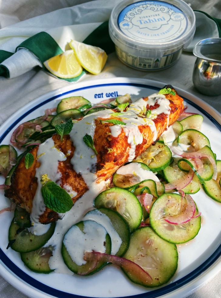 Harissa Salmon with a Pickled Cucumber Salad & Sweet Tahini Sauce