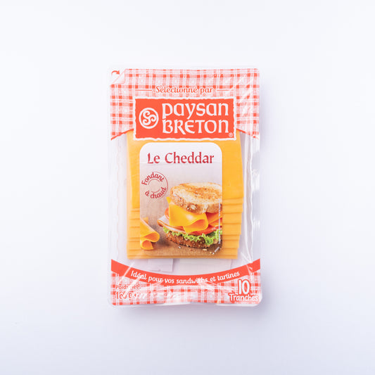 A plastic tray of Paysan Breton Cheddar cheese slices.