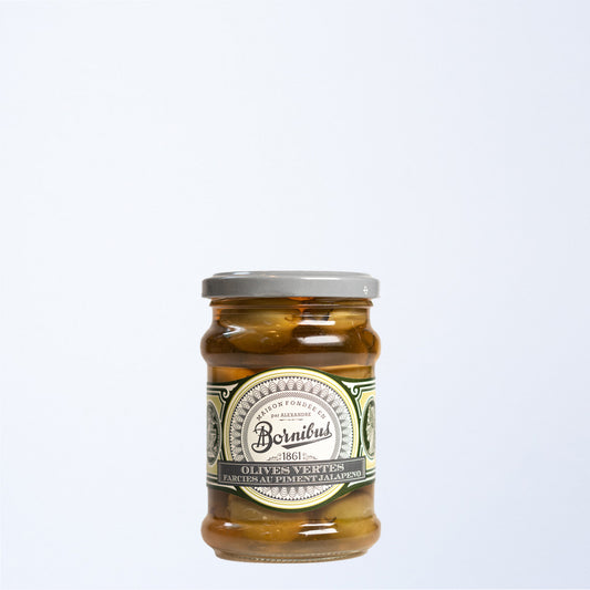 A jar of Bornibus Green Olives Stuffed With Jalapeno 270g.