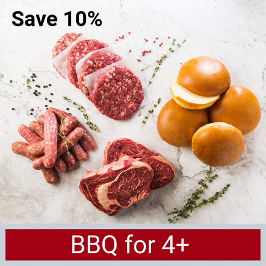 Burger buns, beef steaks, sausages burger patties and herbs with red text over lay 'BBQ for 4+' and black text 'SAVE 10%'.