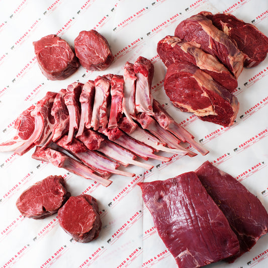 Lamb racks, flank steak, ribeye steak, fillet steak, beef.