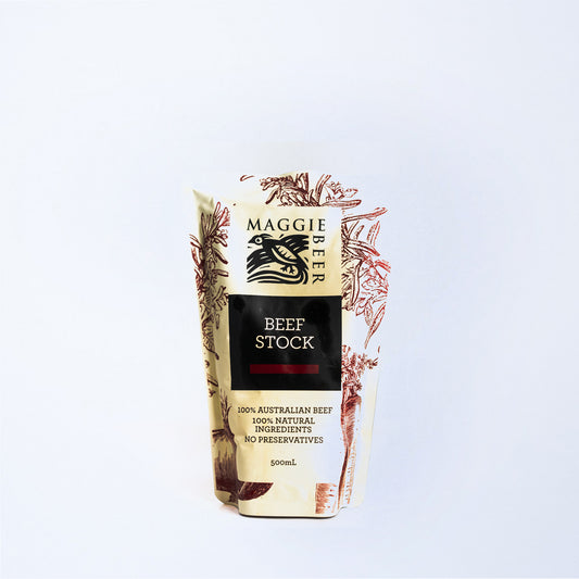 A bag of Maggie Beer Beef Stock 500ml.