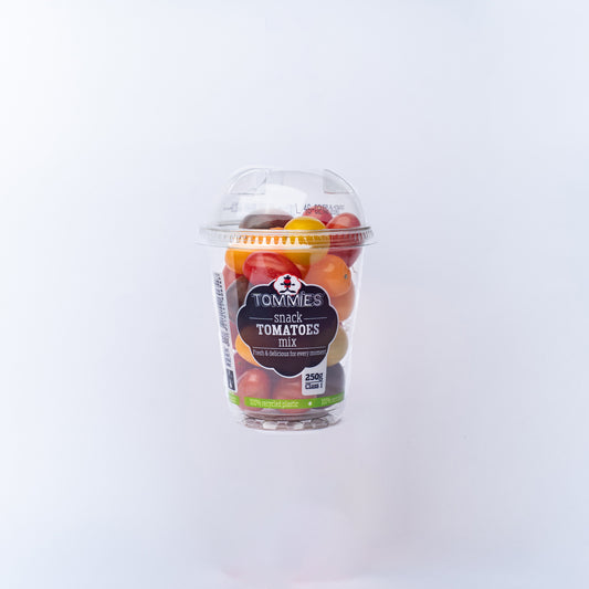 A plastic up of Tommies Tomatoes Mix 250g with a dome lid.