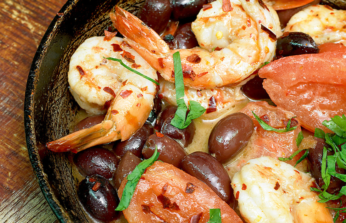 Buttered Prawns with Tomatoes and Olives