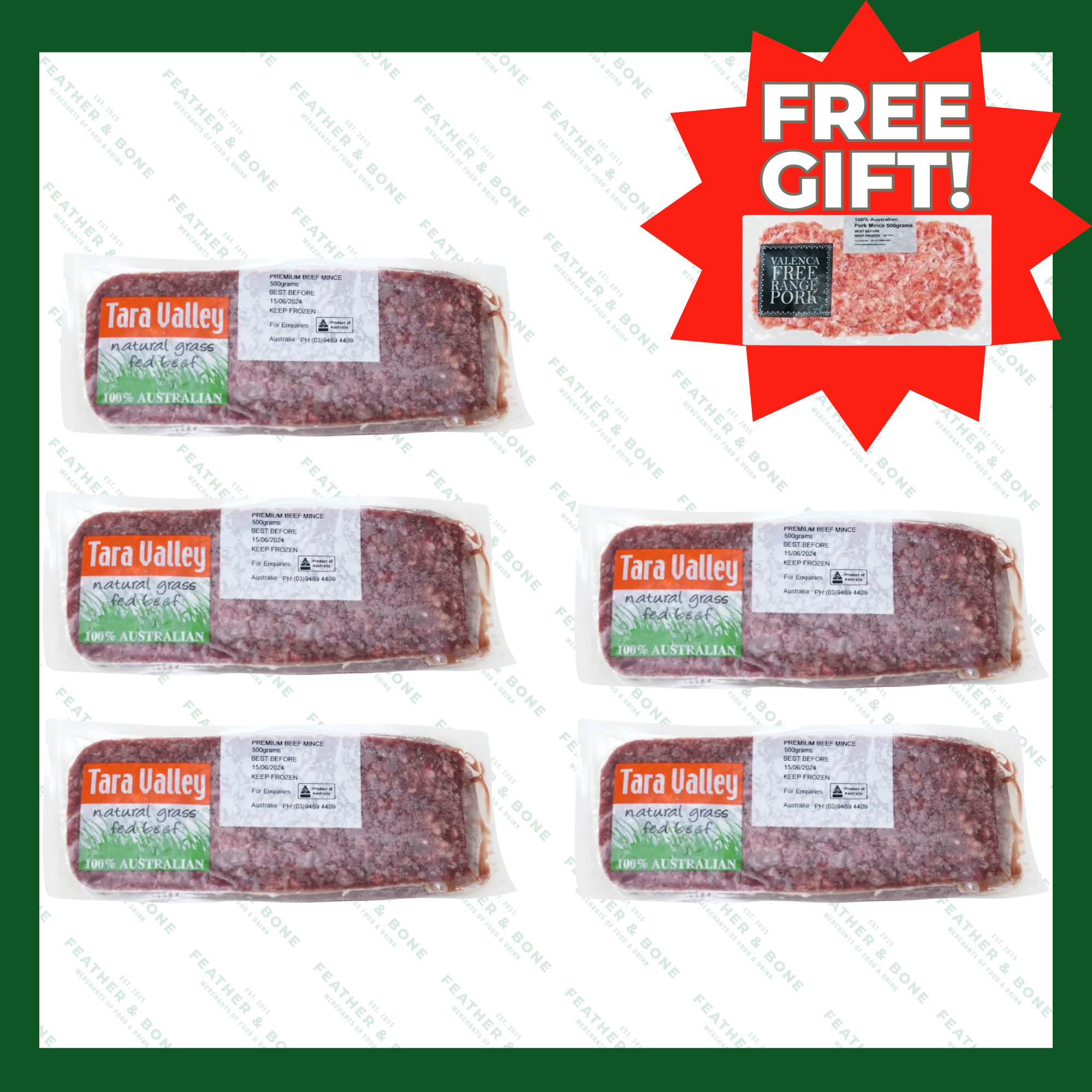 Australian, Beef Mince 500g x 5 + FREE 1 Aus, Pork Mince 500g (Frozen)