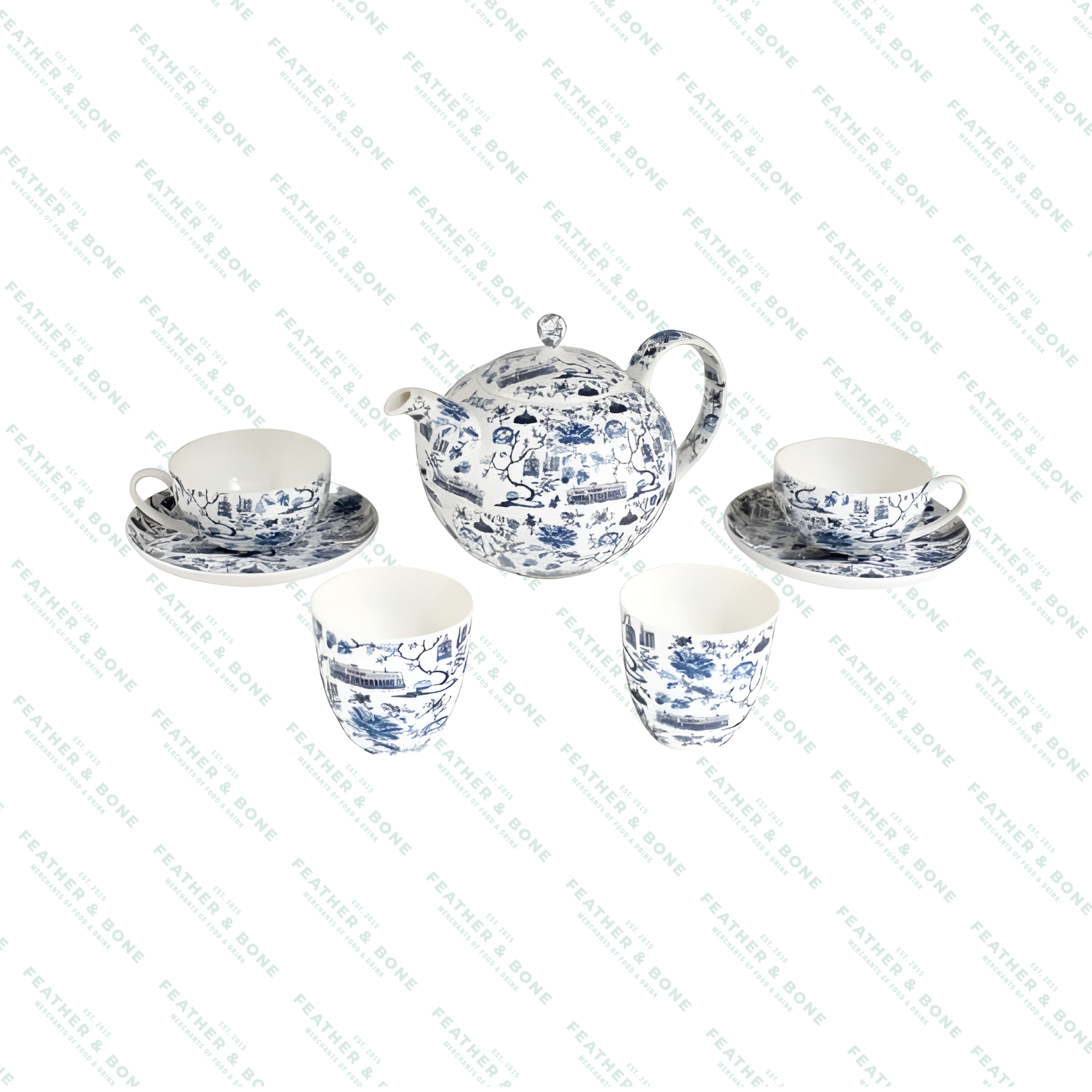 Faux Toile Tea Set Blue