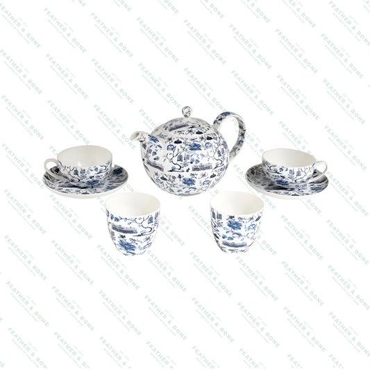 Faux Toile Tea Set Blue