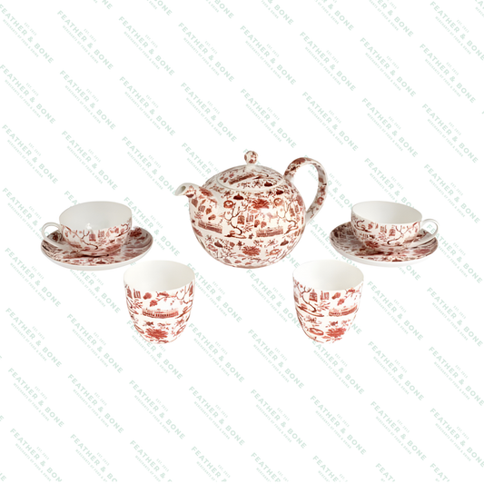 Faux Toile Tea Set Red