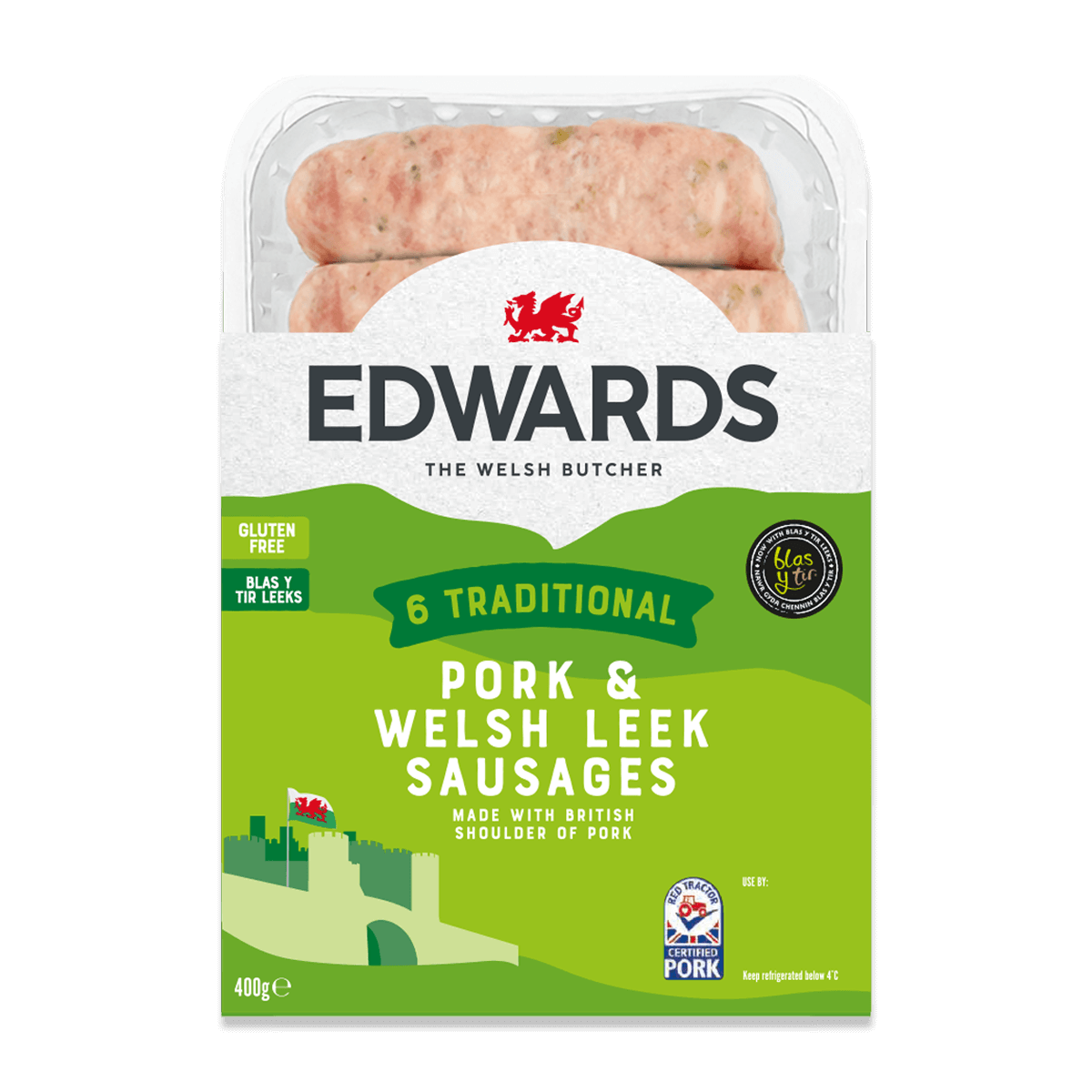 Edwards Pork & Welsh Leek Sausages 400g (Frozen)