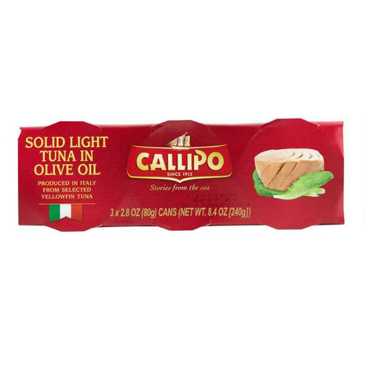 A box with three tins of Callipo Yellowfin Tuna in Olive Oil.
