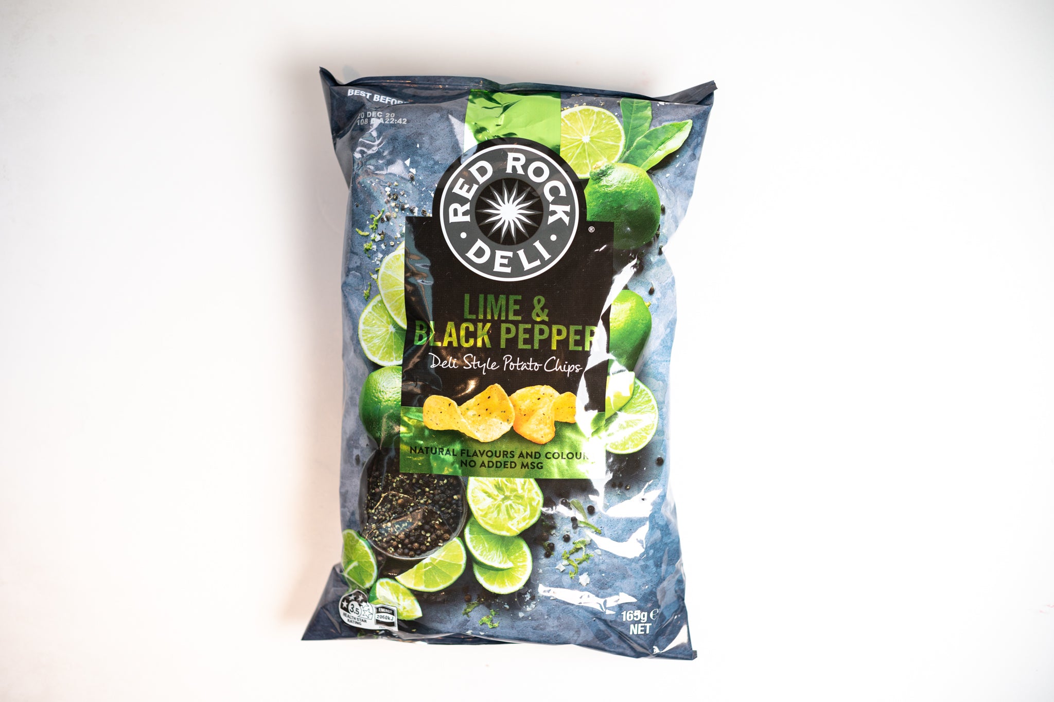 A packet of Red Rock Deli Potato Chips - Lime & Black Pepper.