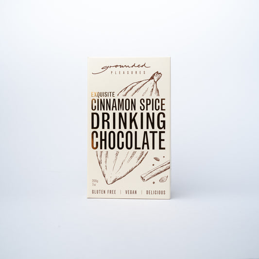 A box of Grounded Pleasure Drinking Chocolate Cinnamon Spice.