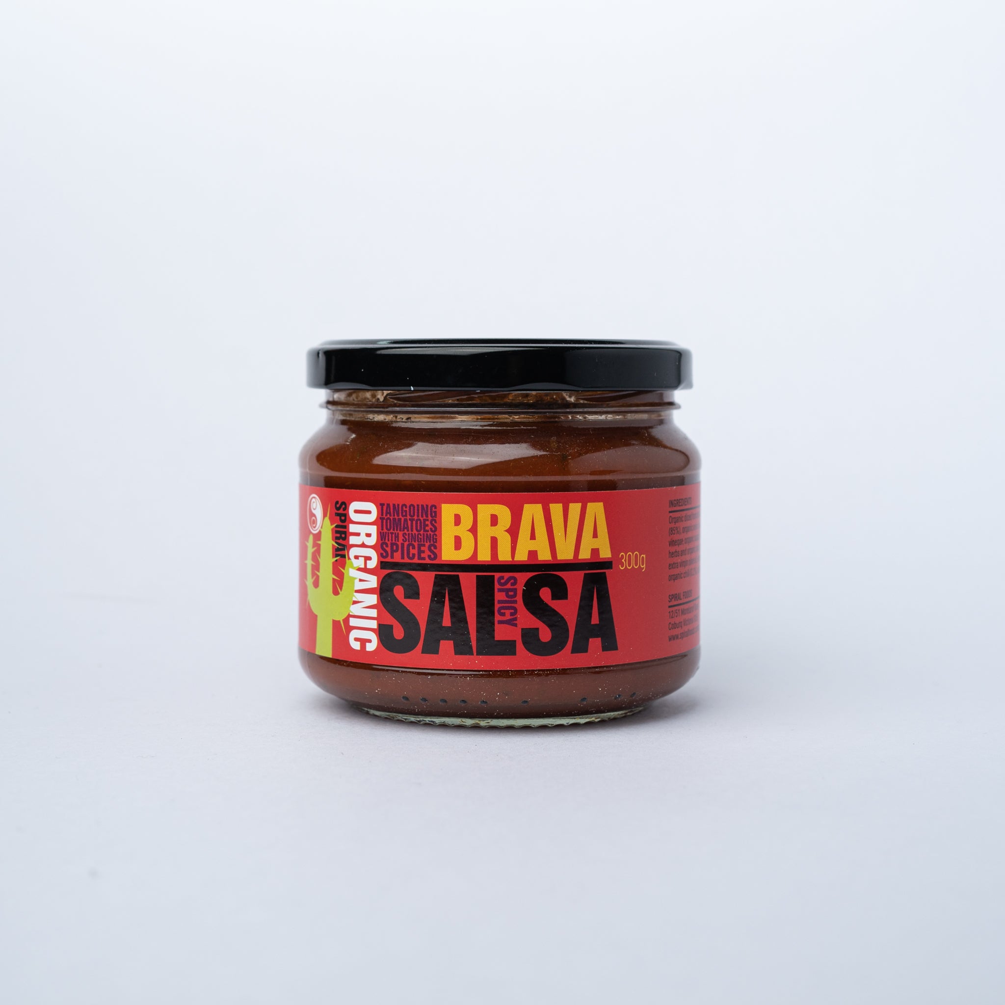 A squat glass jar of Spiral Organic Brava Salsa 300g.