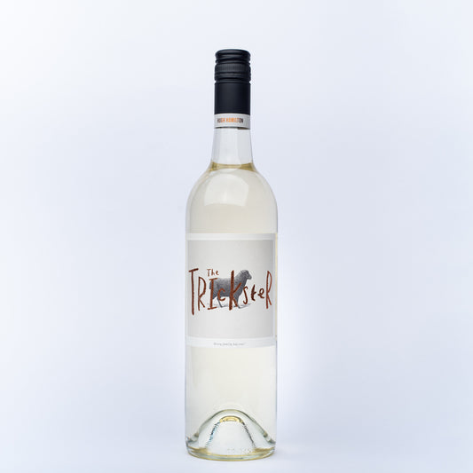 A 750ml glass bottle of The Trickster Pinot Grigio white wine.