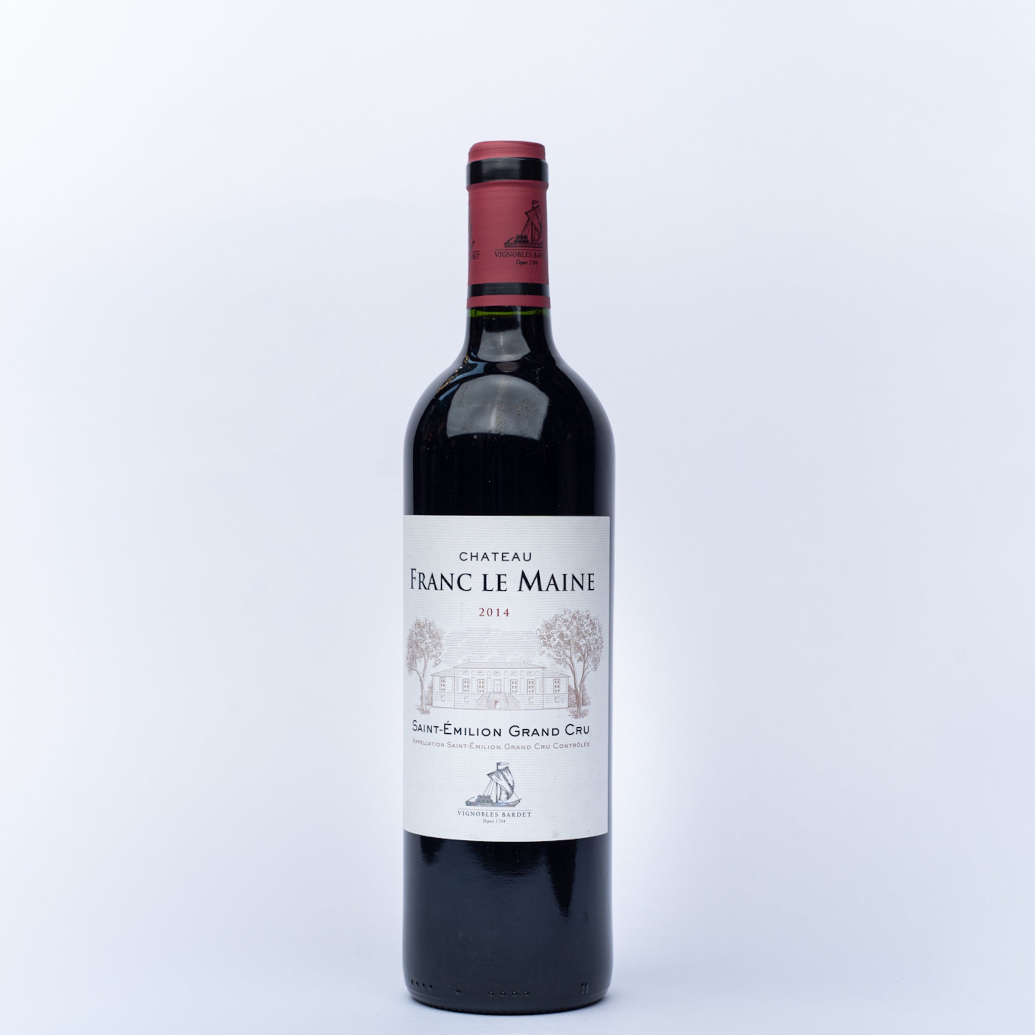 A 750ml bottle of Chateau Franc Le Maine red wine.