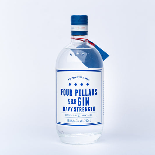A bottle of Four Pillars Navy Strength Gin.