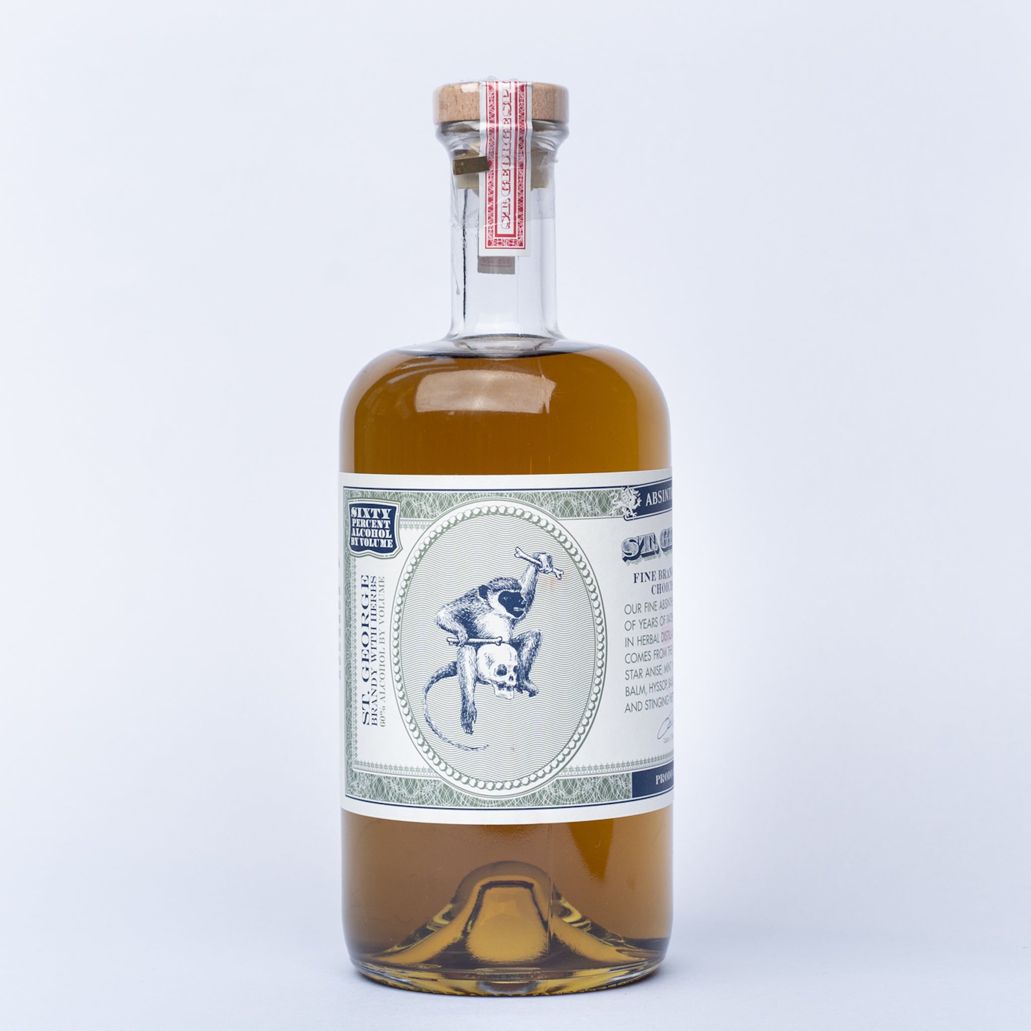 A bottle of St. George Absinthe Verte Brandy With Herbs.