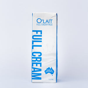 A 1L tetra pack of O'Lait Full Cream Milk.