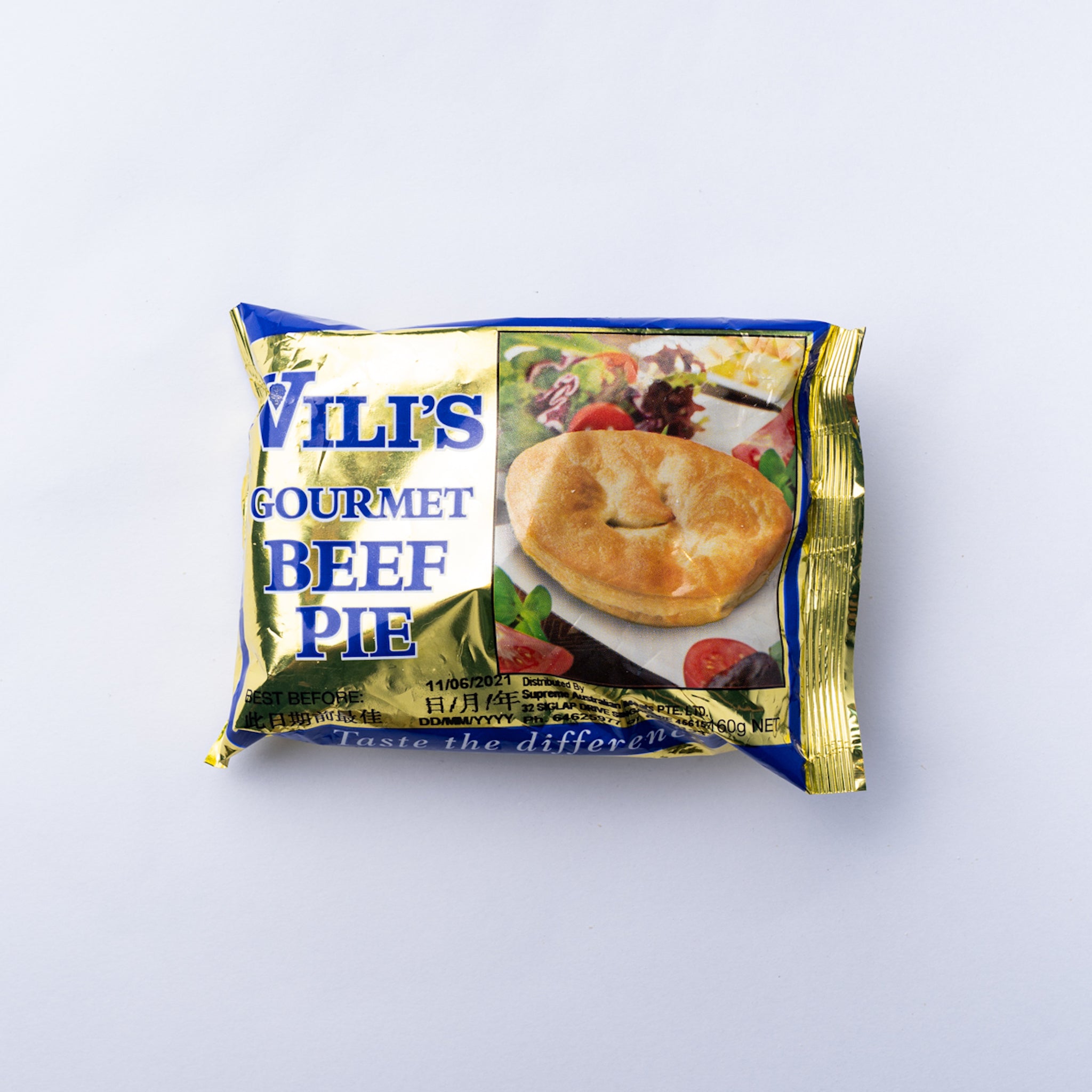 A foil bag of Vili's Beef Pie.
