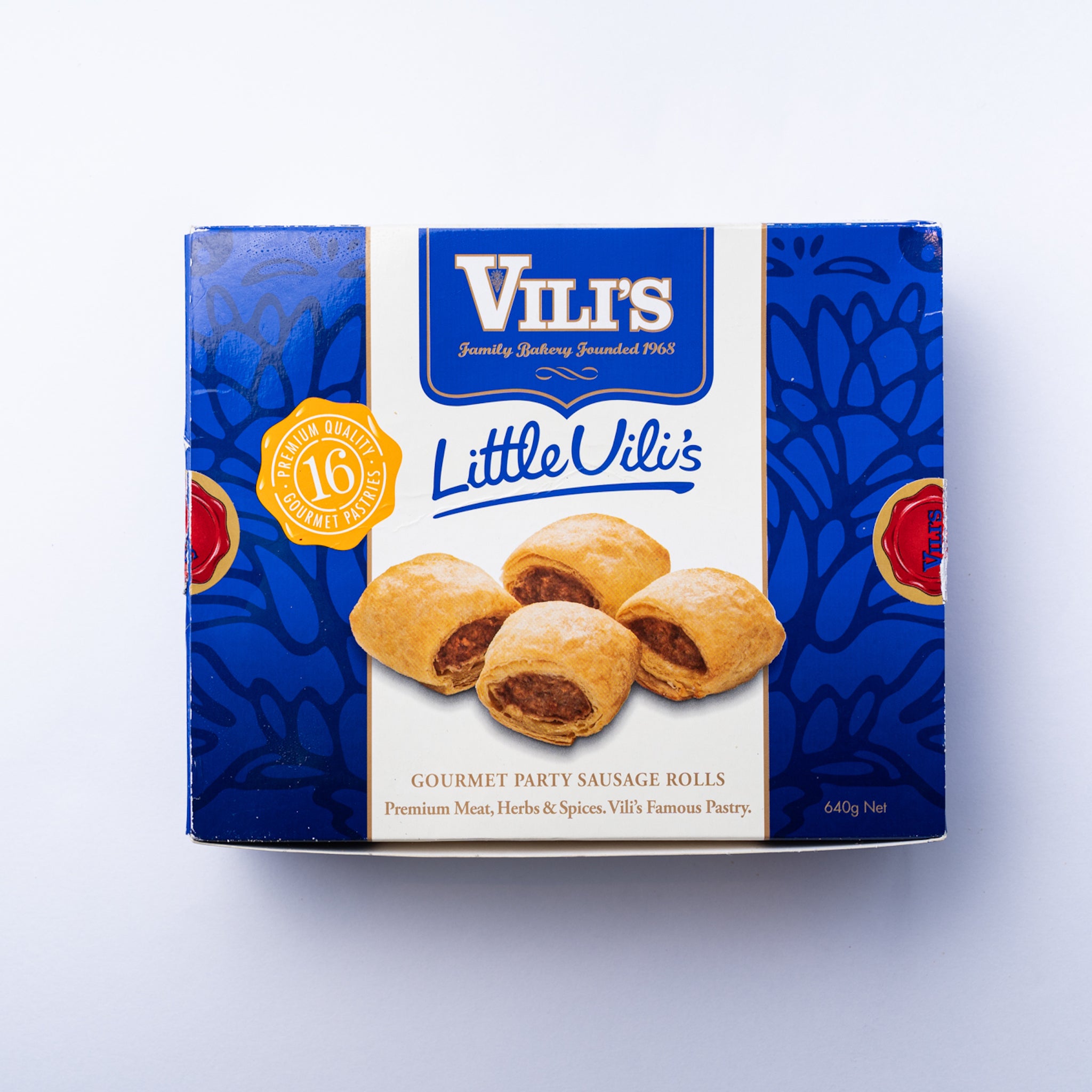 A box of Little Vili's Gourmet Party Sausage Rolls.