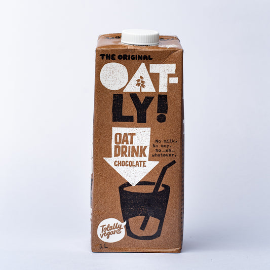 A 1l tetra pack of Oatly Oat Drink Chocolate.