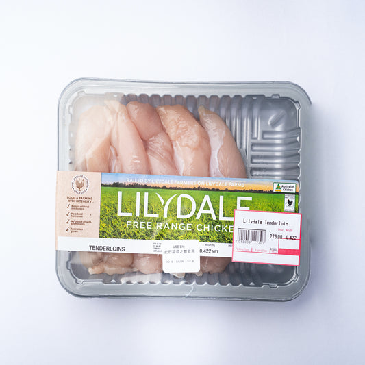 A plastic tray of Lilydale Chicken Tenderloins with a green label.