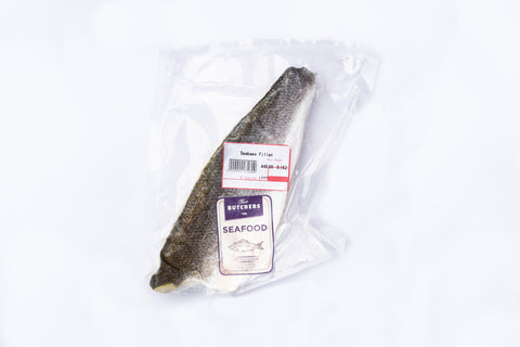 A frozen 150g Dutch Seabass Fillet in a vacuum bag.