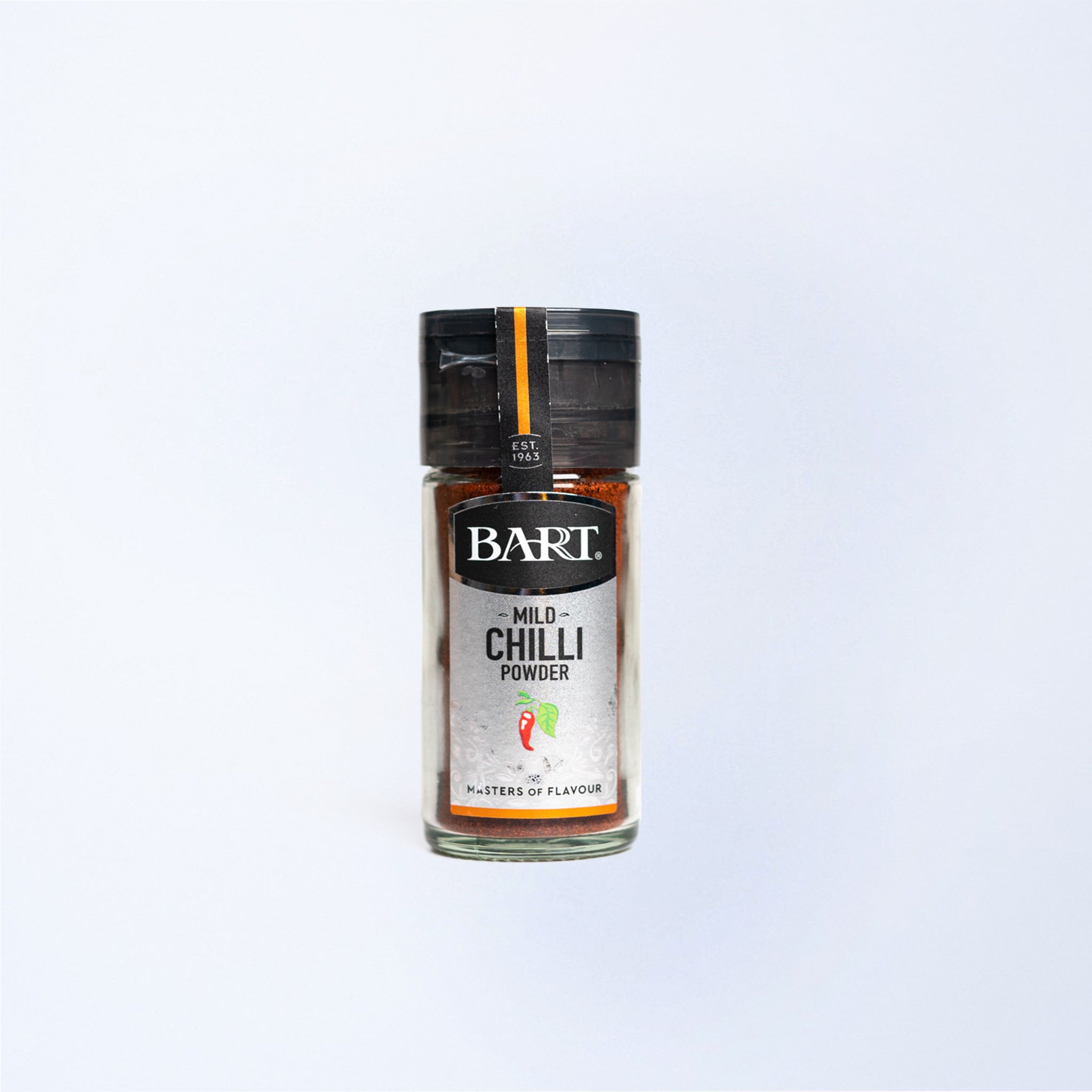 A glass jar of Bart Mild Chilli Powder 40g.