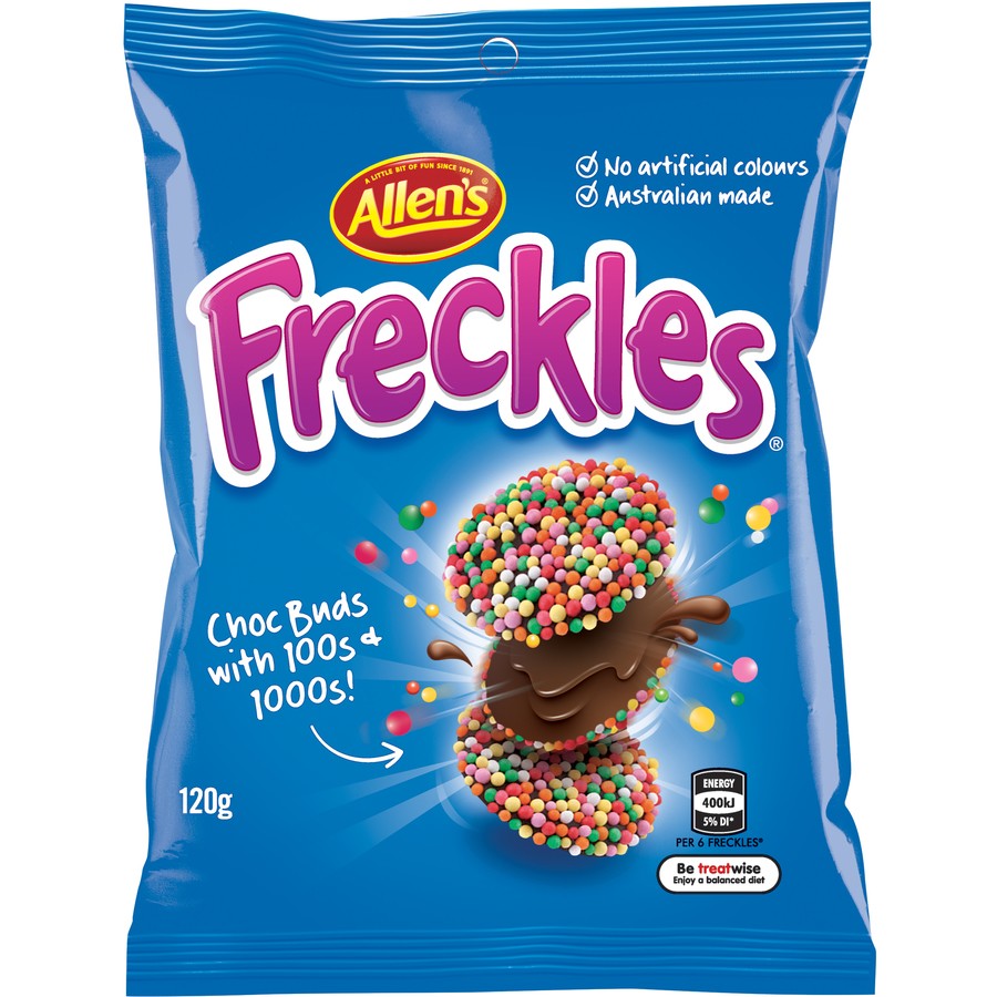 a 120g bag of Allen's Freckles candies