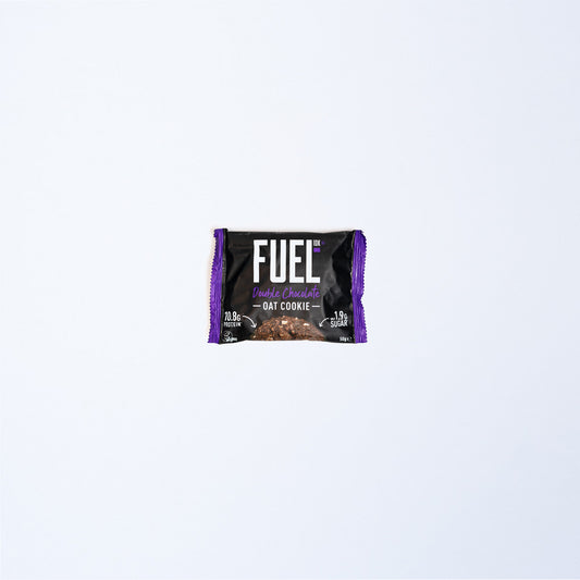 A FUEL10K Double Chocolate Cookie in a black package.