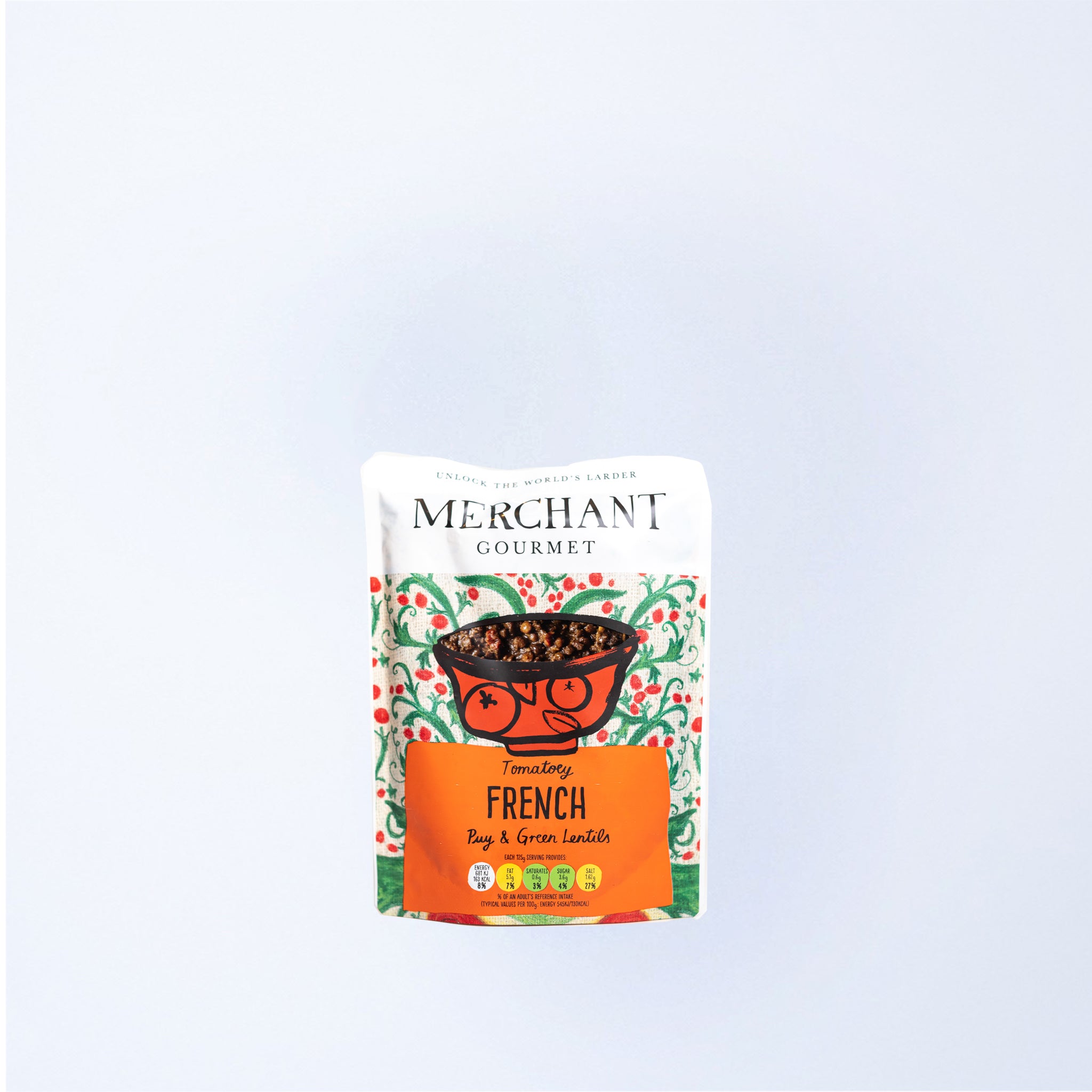 A bag of Merchant Gourmet French Inspired Tomatoey Lentils 250g.