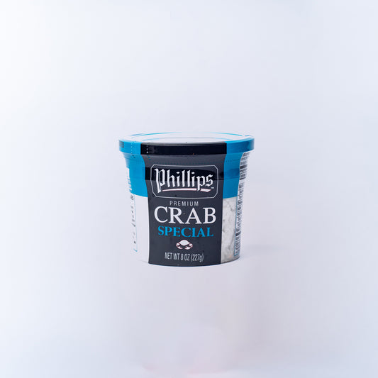 A plastic tub of Phillips Blue Swimmer Crab Lump Meat 227g.